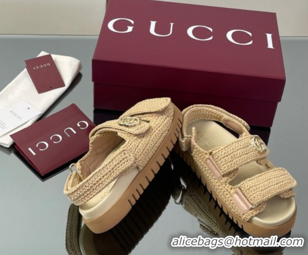 Cheap Price Gucci Cotton Crochet Strap Flat Sandals with Double G Beige 835086