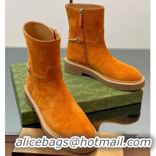 Luxury Gucci Suede Flat Ankle Boots with Slim Horsebit Orange 805312
