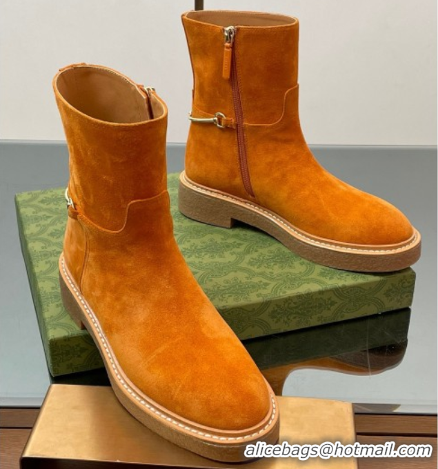 Luxury Gucci Suede Flat Ankle Boots with Slim Horsebit Orange 805312