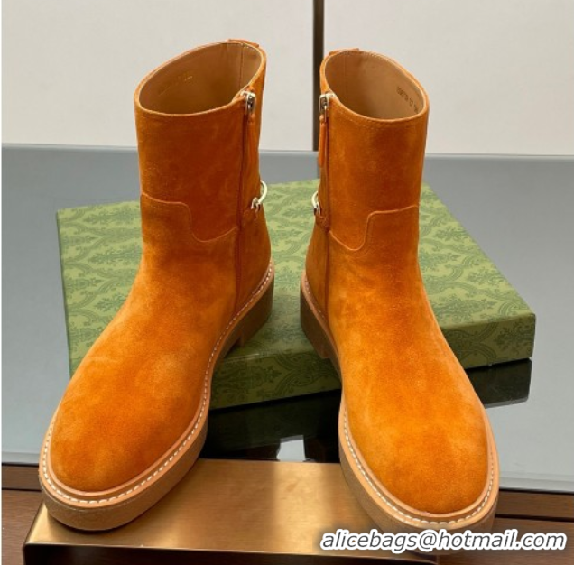 Luxury Gucci Suede Flat Ankle Boots with Slim Horsebit Orange 805312