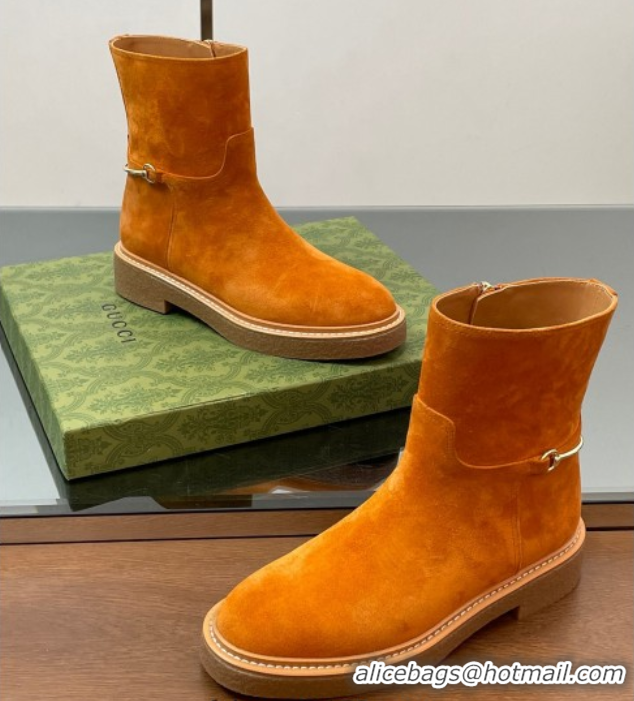 Luxury Gucci Suede Flat Ankle Boots with Slim Horsebit Orange 805312