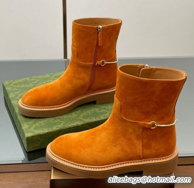 Luxury Gucci Suede Flat Ankle Boots with Slim Horsebit Orange 805312