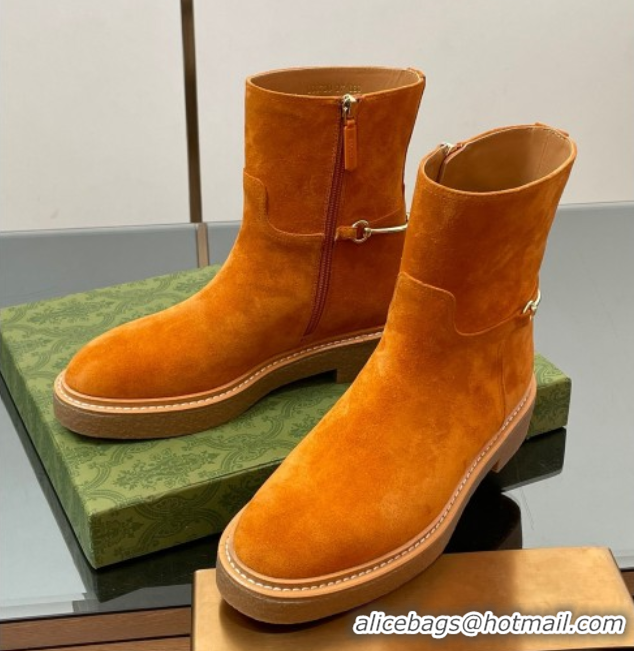 Luxury Gucci Suede Flat Ankle Boots with Slim Horsebit Orange 805312