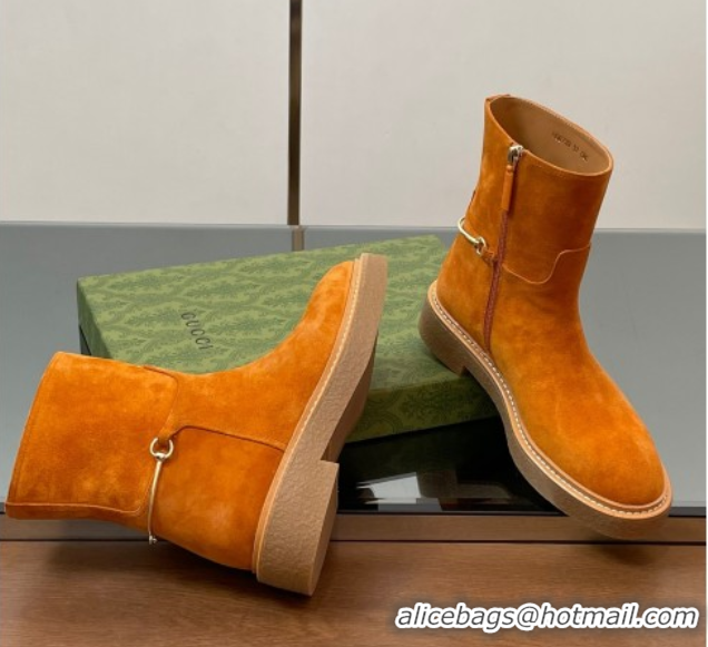 Luxury Gucci Suede Flat Ankle Boots with Slim Horsebit Orange 805312