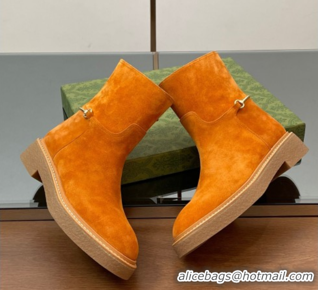 Luxury Gucci Suede Flat Ankle Boots with Slim Horsebit Orange 805312