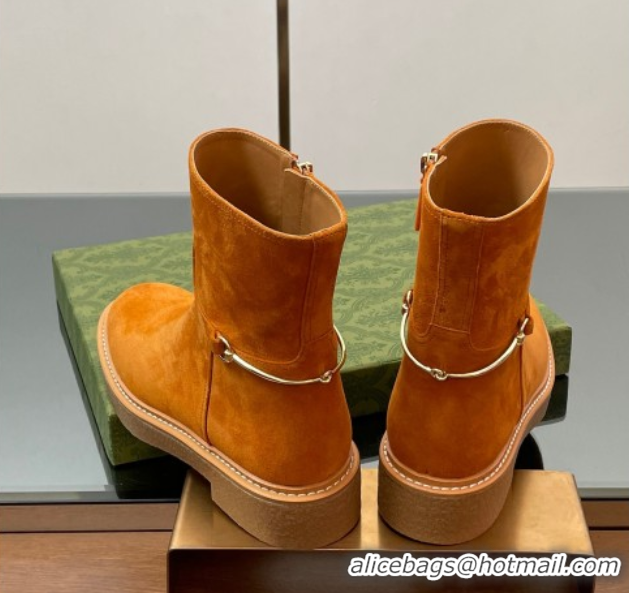 Luxury Gucci Suede Flat Ankle Boots with Slim Horsebit Orange 805312