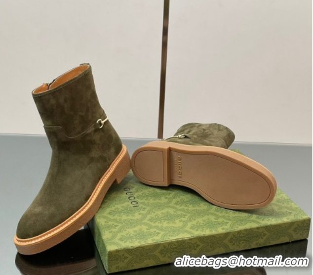 Good Looking Gucci Suede Flat Ankle Boots with Slim Horsebit Green 2025 805312