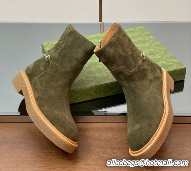 Good Looking Gucci Suede Flat Ankle Boots with Slim Horsebit Green 2025 805312