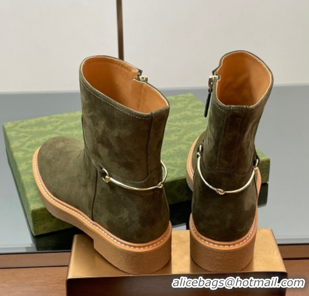 Good Looking Gucci Suede Flat Ankle Boots with Slim Horsebit Green 2025 805312