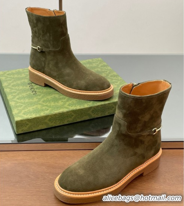 Good Looking Gucci Suede Flat Ankle Boots with Slim Horsebit Green 2025 805312