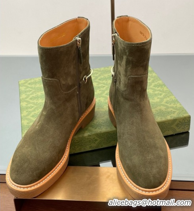 Good Looking Gucci Suede Flat Ankle Boots with Slim Horsebit Green 2025 805312