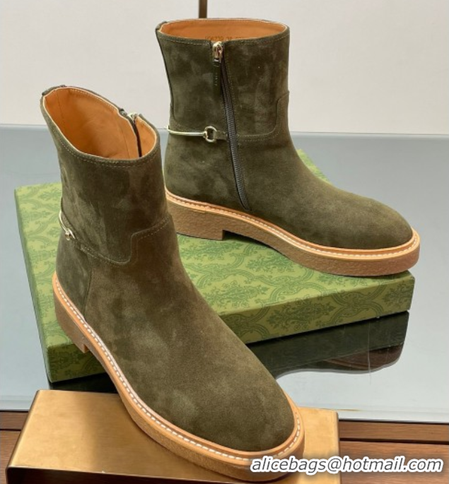 Good Looking Gucci Suede Flat Ankle Boots with Slim Horsebit Green 2025 805312