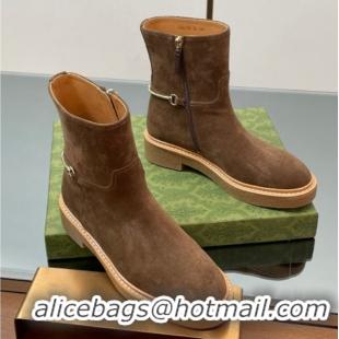 Luxurious Gucci Suede Flat Ankle Boots with Slim Horsebit Brown 805312