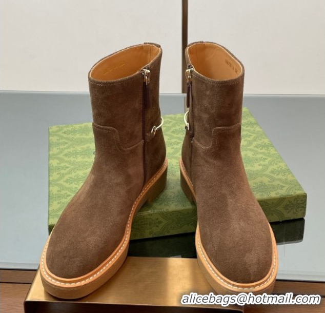 Luxurious Gucci Suede Flat Ankle Boots with Slim Horsebit Brown 805312