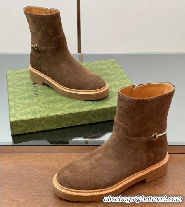 Luxurious Gucci Suede Flat Ankle Boots with Slim Horsebit Brown 805312