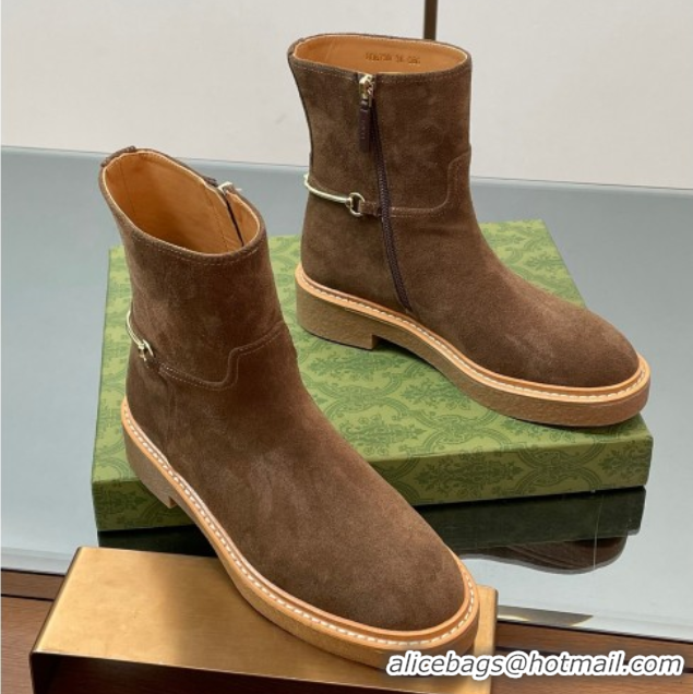 Luxurious Gucci Suede Flat Ankle Boots with Slim Horsebit Brown 805312