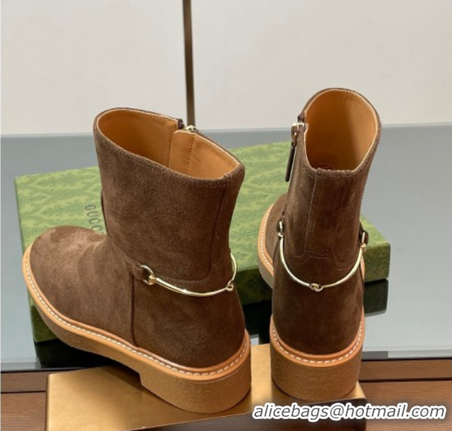 Luxurious Gucci Suede Flat Ankle Boots with Slim Horsebit Brown 805312