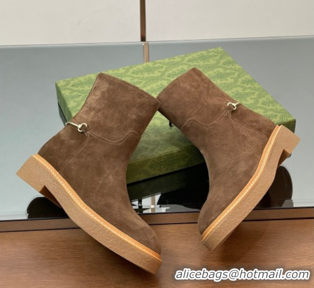 Luxurious Gucci Suede Flat Ankle Boots with Slim Horsebit Brown 805312