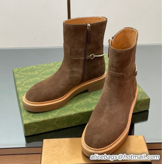 Luxurious Gucci Suede Flat Ankle Boots with Slim Horsebit Brown 805312