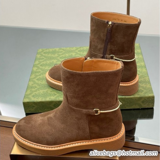 Luxurious Gucci Suede Flat Ankle Boots with Slim Horsebit Brown 805312