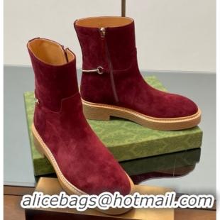Top Design Gucci Suede Flat Ankle Boots with Slim Horsebit Red 2025 805312