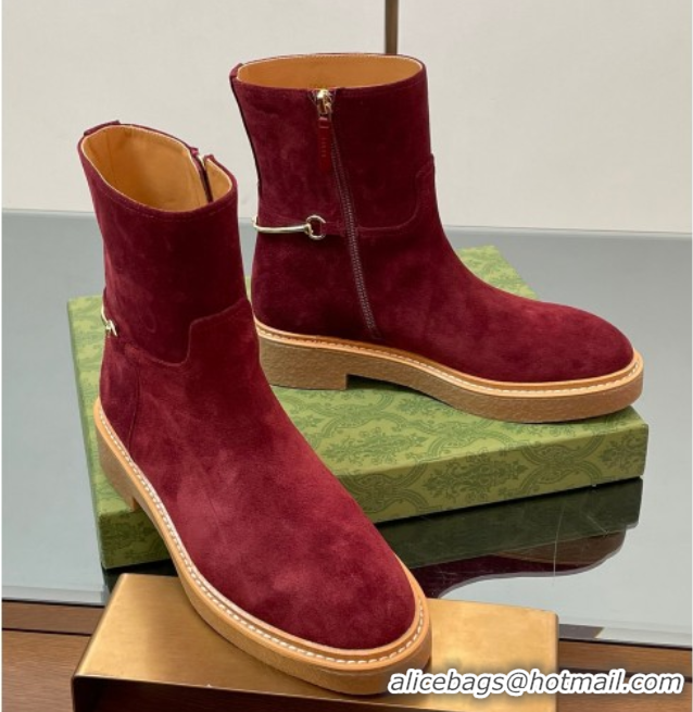 Top Design Gucci Suede Flat Ankle Boots with Slim Horsebit Red 2025 805312