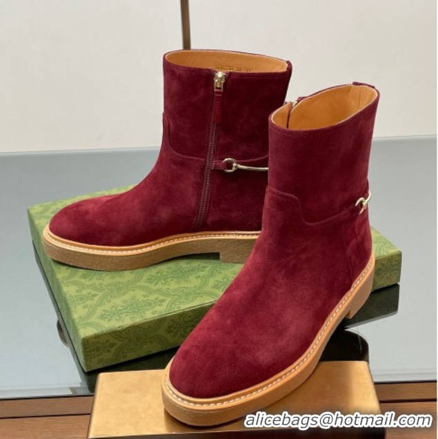 Top Design Gucci Suede Flat Ankle Boots with Slim Horsebit Red 2025 805312