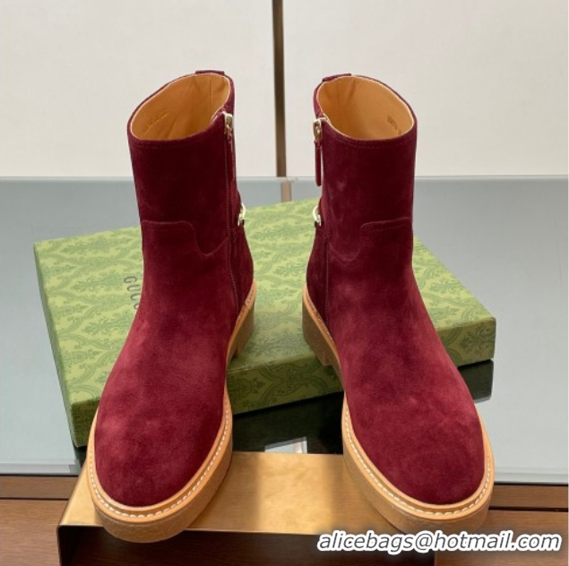 Top Design Gucci Suede Flat Ankle Boots with Slim Horsebit Red 2025 805312