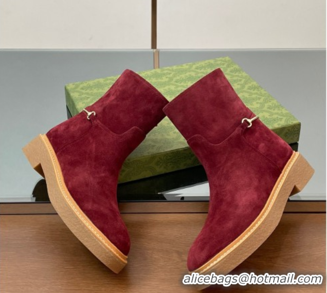 Top Design Gucci Suede Flat Ankle Boots with Slim Horsebit Red 2025 805312