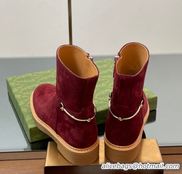 Top Design Gucci Suede Flat Ankle Boots with Slim Horsebit Red 2025 805312