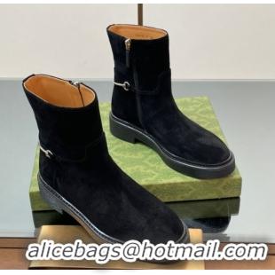 Big Discount Gucci Suede Flat Ankle Boots with Slim Horsebit Black 805312