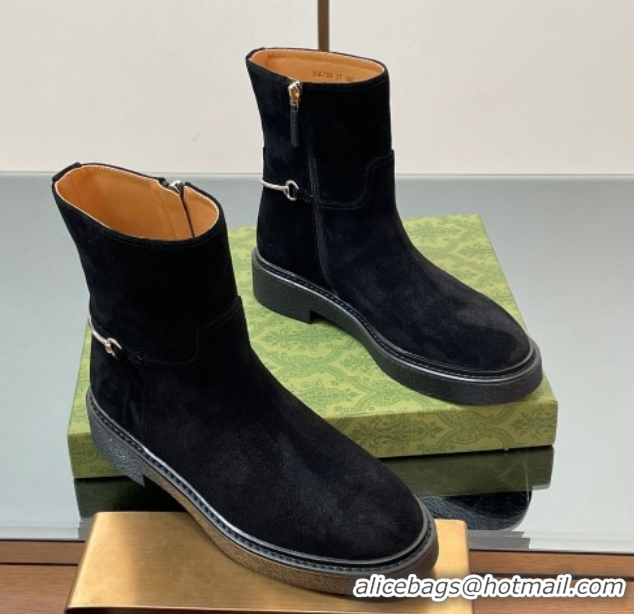 Big Discount Gucci Suede Flat Ankle Boots with Slim Horsebit Black 805312
