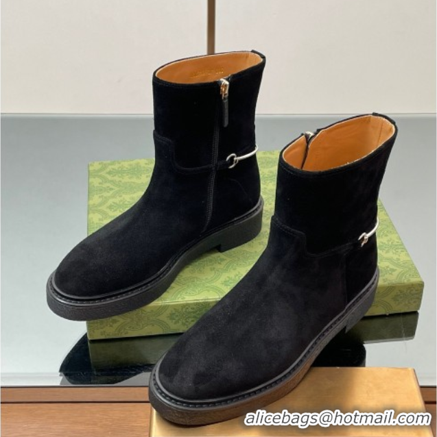 Big Discount Gucci Suede Flat Ankle Boots with Slim Horsebit Black 805312