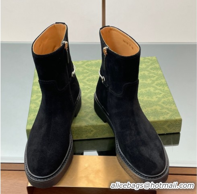 Big Discount Gucci Suede Flat Ankle Boots with Slim Horsebit Black 805312