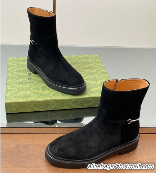 Big Discount Gucci Suede Flat Ankle Boots with Slim Horsebit Black 805312