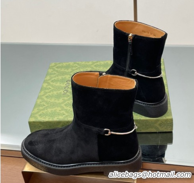 Big Discount Gucci Suede Flat Ankle Boots with Slim Horsebit Black 805312