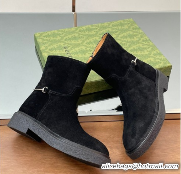 Big Discount Gucci Suede Flat Ankle Boots with Slim Horsebit Black 805312