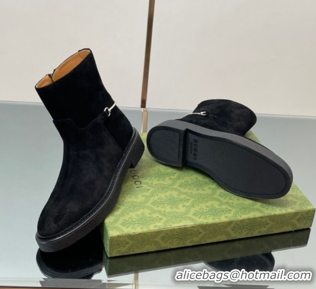 Big Discount Gucci Suede Flat Ankle Boots with Slim Horsebit Black 805312
