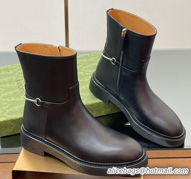 Most Popular Gucci Calf Leather Flat Ankle Boots with Slim Horsebit Black 805312
