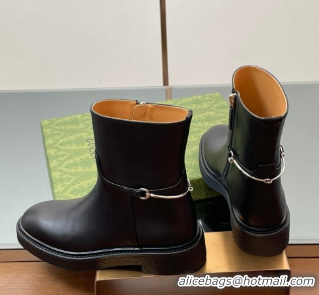 Most Popular Gucci Calf Leather Flat Ankle Boots with Slim Horsebit Black 805312