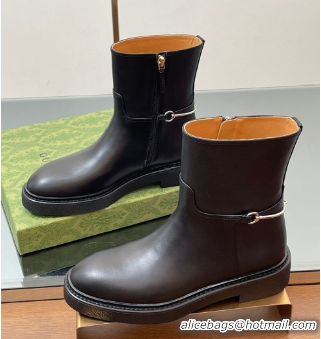 Most Popular Gucci Calf Leather Flat Ankle Boots with Slim Horsebit Black 805312