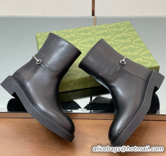Most Popular Gucci Calf Leather Flat Ankle Boots with Slim Horsebit Black 805312