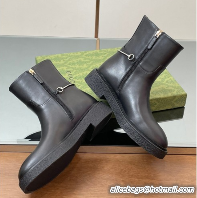 Most Popular Gucci Calf Leather Flat Ankle Boots with Slim Horsebit Black 805312