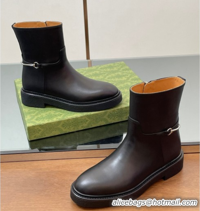 Most Popular Gucci Calf Leather Flat Ankle Boots with Slim Horsebit Black 805312