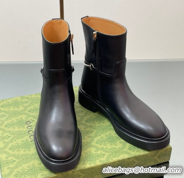 Most Popular Gucci Calf Leather Flat Ankle Boots with Slim Horsebit Black 805312