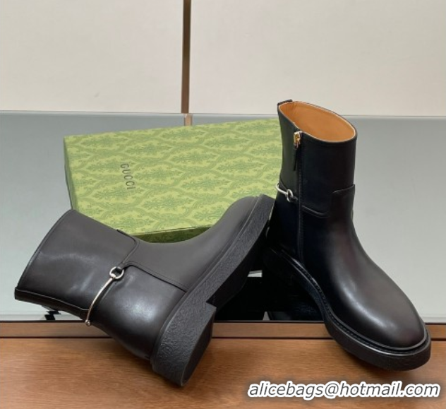 Most Popular Gucci Calf Leather Flat Ankle Boots with Slim Horsebit Black 805312