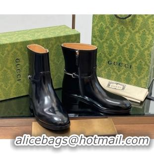Top Grade Gucci Shiny Leather Flat Ankle Boots with Slim Horsebit Black 2025 805312