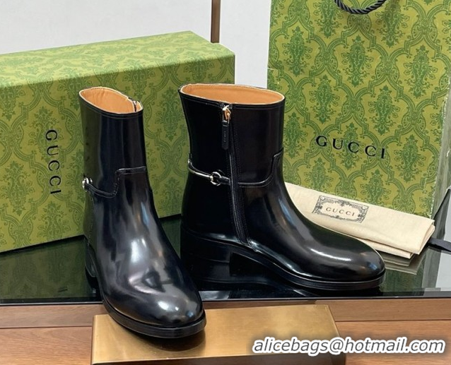 Top Grade Gucci Shiny Leather Flat Ankle Boots with Slim Horsebit Black 2025 805312