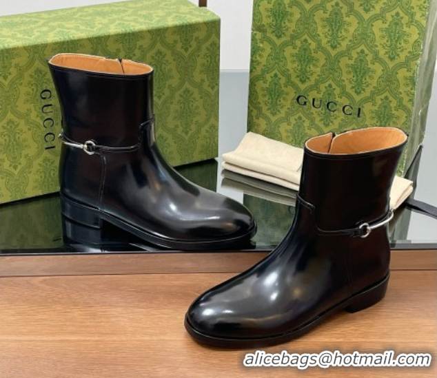 Top Grade Gucci Shiny Leather Flat Ankle Boots with Slim Horsebit Black 2025 805312