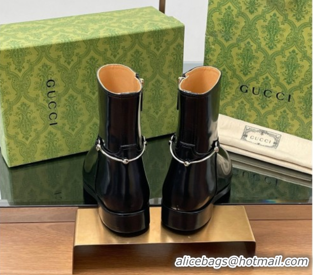 Top Grade Gucci Shiny Leather Flat Ankle Boots with Slim Horsebit Black 2025 805312